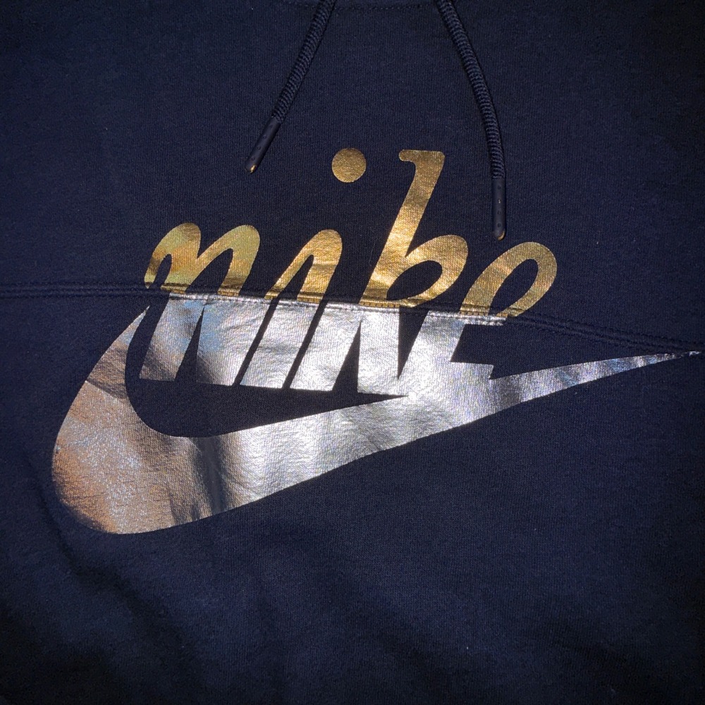 Nike Cropped Hoodie Women L Black Metallic Gold Silver Logo